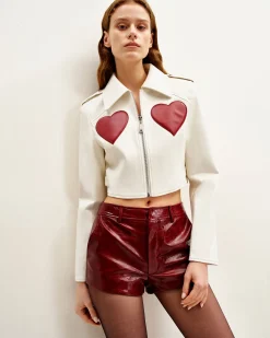 Sophie Cropped Leather Jacket - White & Red