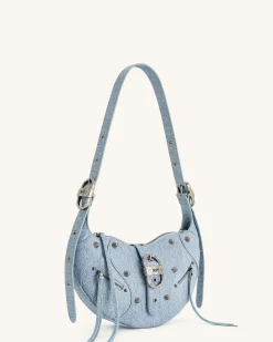 Tessa Denim Embossed Shoulder Bag - Blue