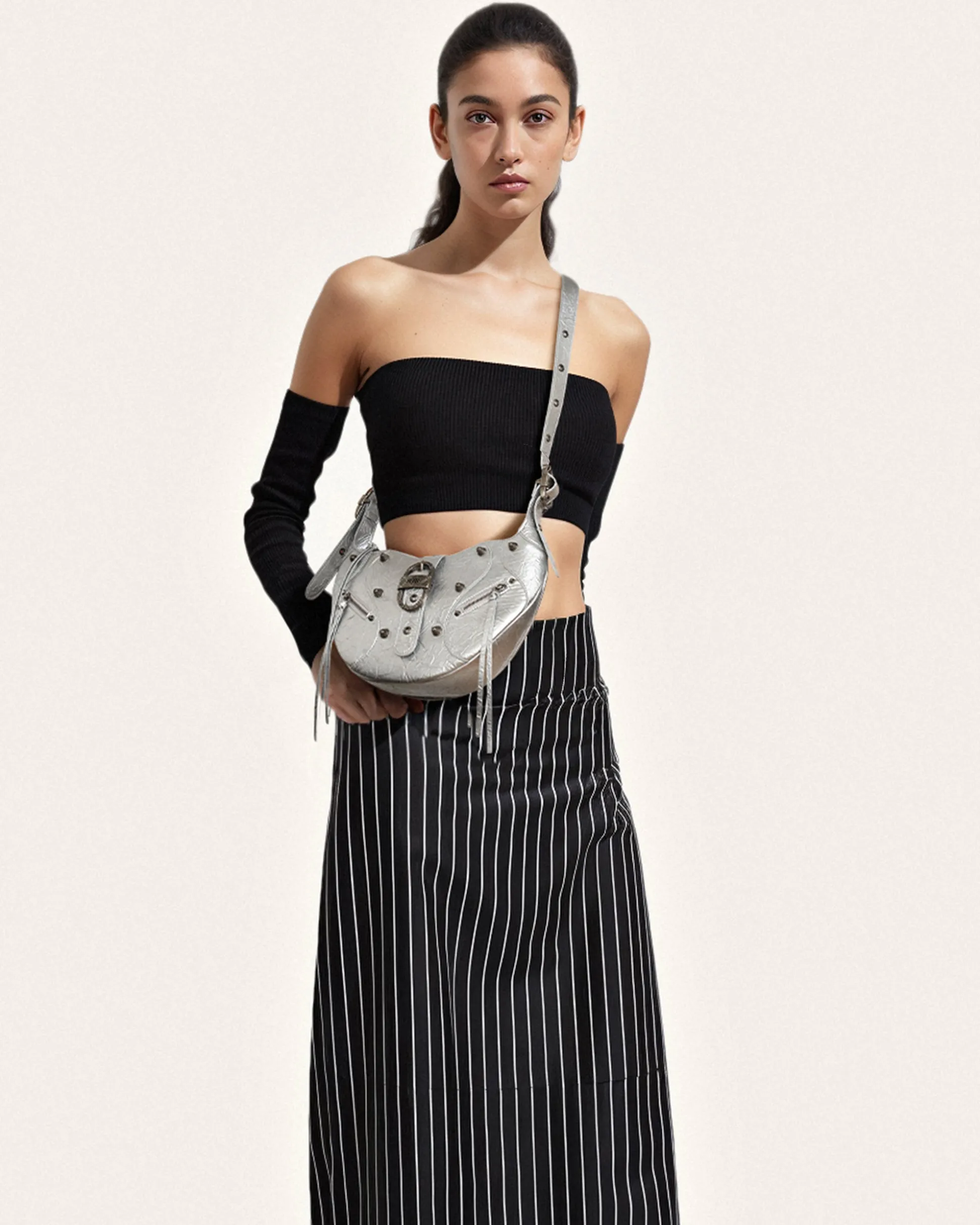 Tessa Metallic Pleating Shoulder Bag - Silver