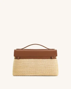 Thea Faux Straw Top Handle Bag - Brown Straw