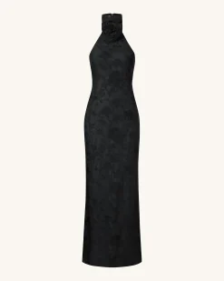 Uliana Black Floral Lace Halterneck Maxi Dress - Black