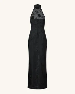 Uliana Black Floral Lace Halterneck Maxi Dress - Black