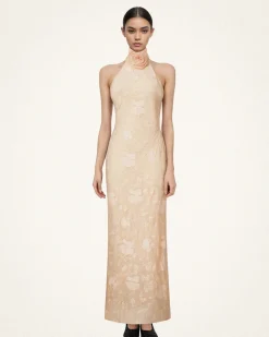 Uliana Pink Beige Floral Lace Halterneck Maxi Dress - Pink Beige