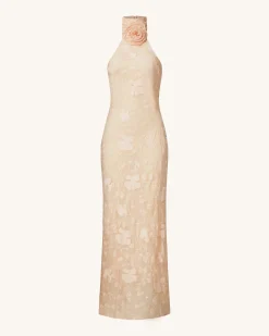 Uliana Pink Beige Floral Lace Halterneck Maxi Dress - Pink Beige