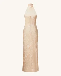 Uliana Pink Beige Floral Lace Halterneck Maxi Dress - Pink Beige
