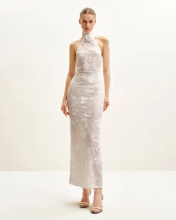 Uliana White Floral Lace Halterneck Maxi Dress - White