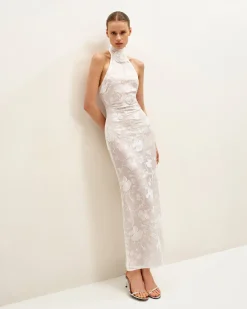 Uliana White Floral Lace Halterneck Maxi Dress - White