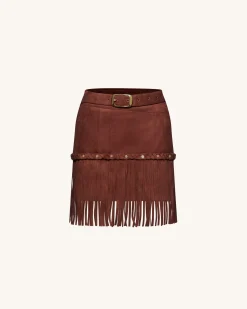 Western-Style Sueded Fringe Skirt - Burgundy