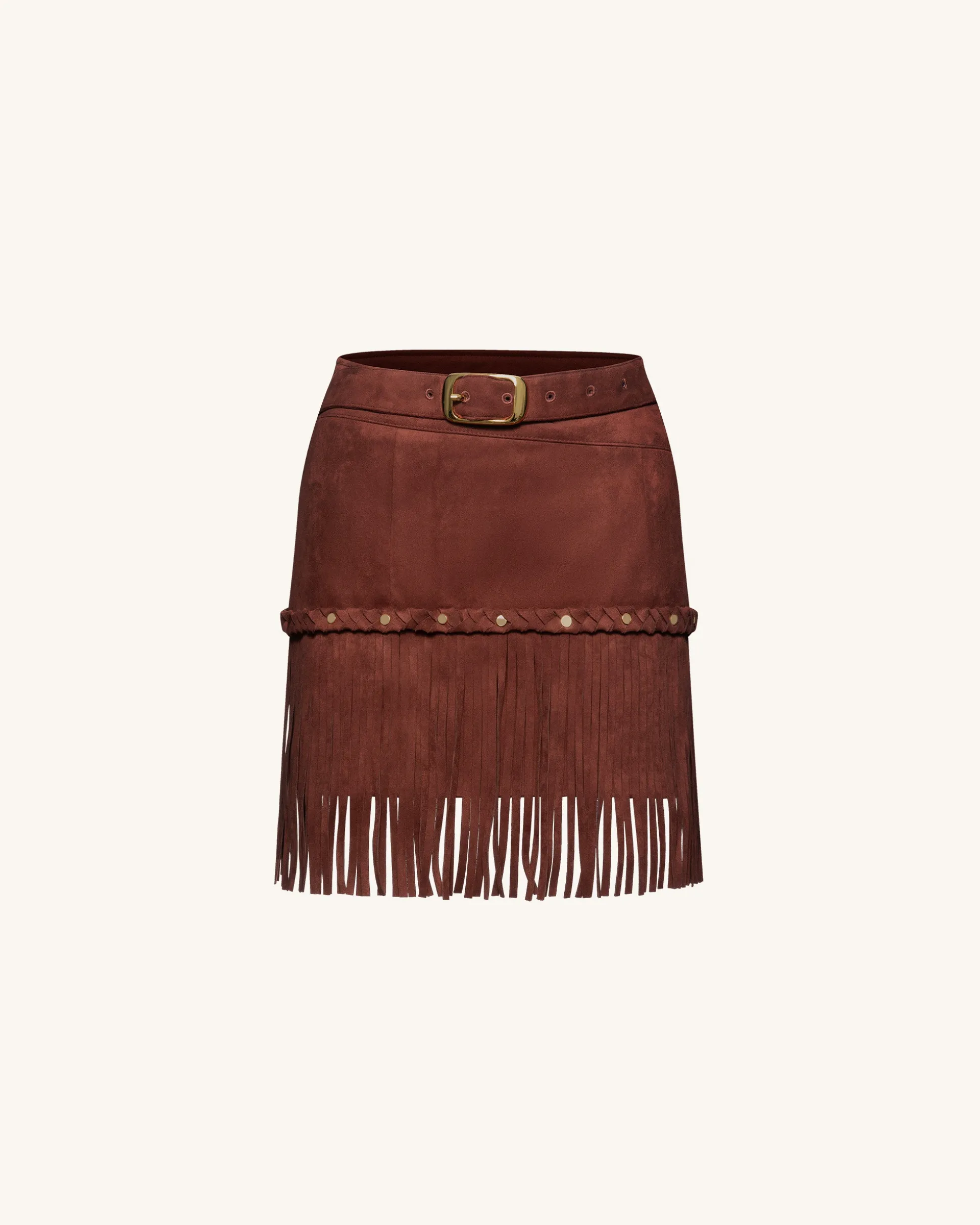 Western-Style Sueded Fringe Skirt - Burgundy