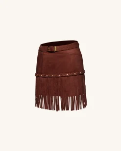 Western-Style Sueded Fringe Skirt - Burgundy