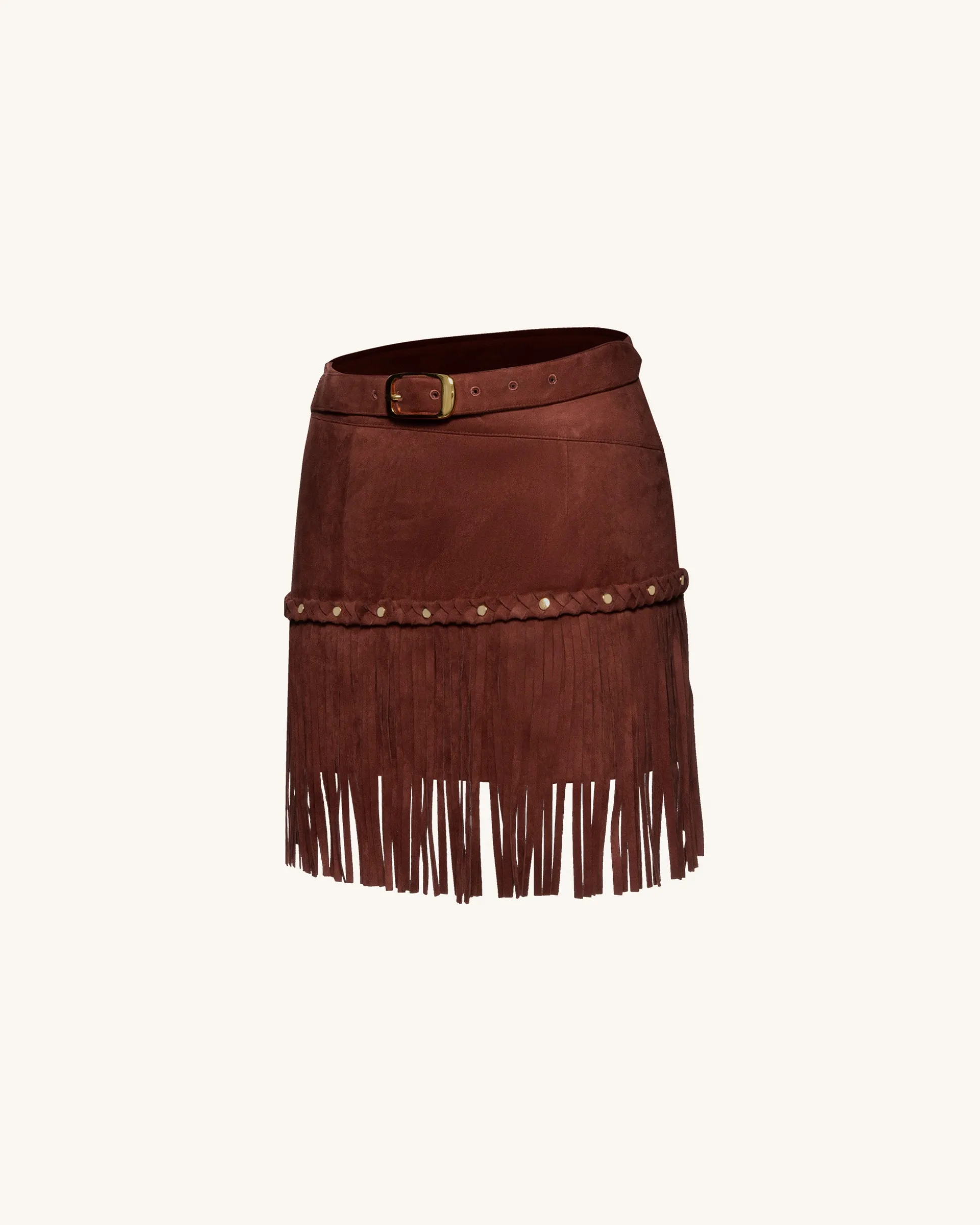 Western-Style Sueded Fringe Skirt - Burgundy