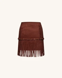 Western-Style Sueded Fringe Skirt - Burgundy