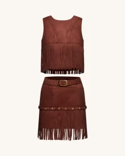 Western-Style Sueded Fringe Skirt - Burgundy