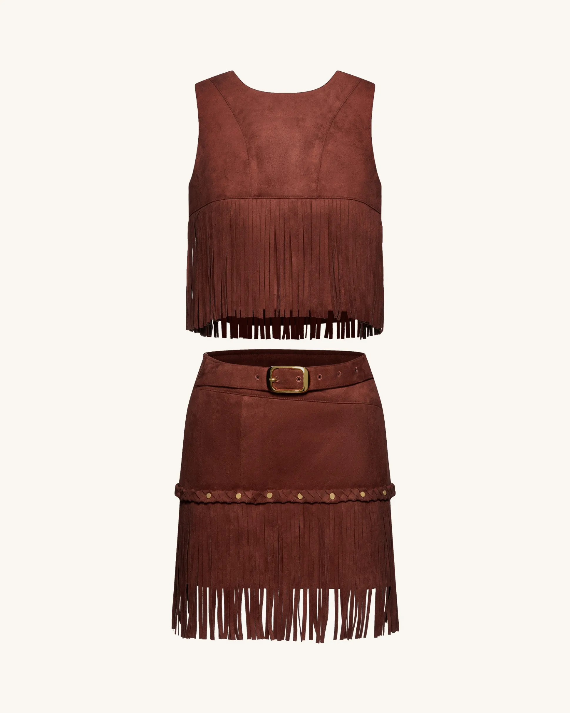 Western-Style Sueded Fringe Skirt - Burgundy