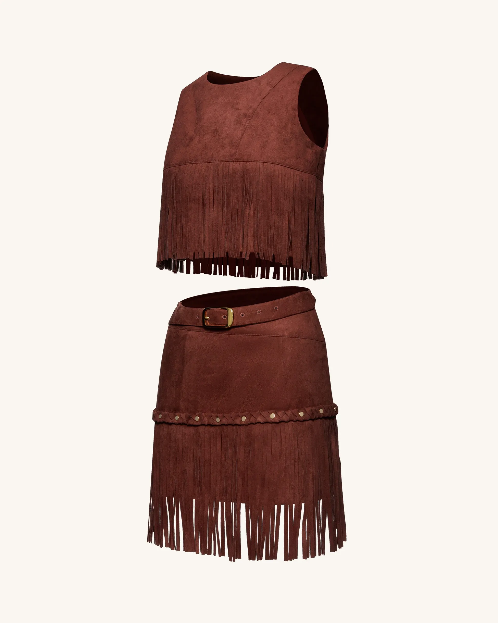 Western-Style Sueded Fringe Skirt - Burgundy