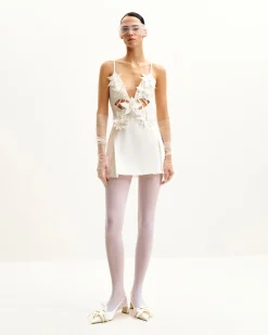 Yuliya White Floral Embellishment V-neckline Mini Dress - White