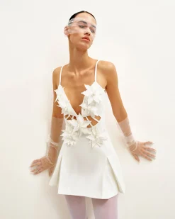 Yuliya White Floral Embellishment V-neckline Mini Dress - White